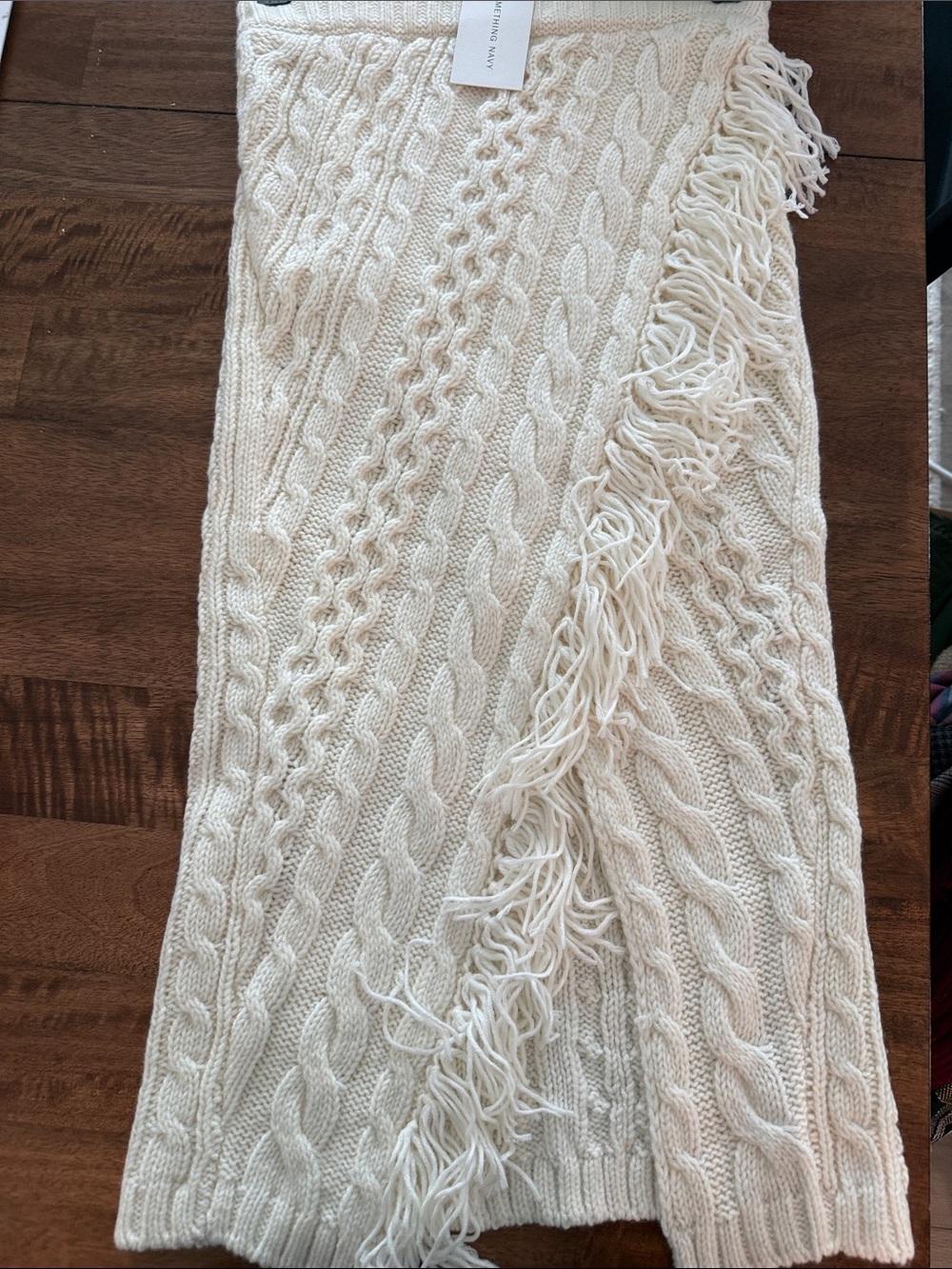 Something Navy Ivory Cable-Knit Midi Skirt with Fringe
